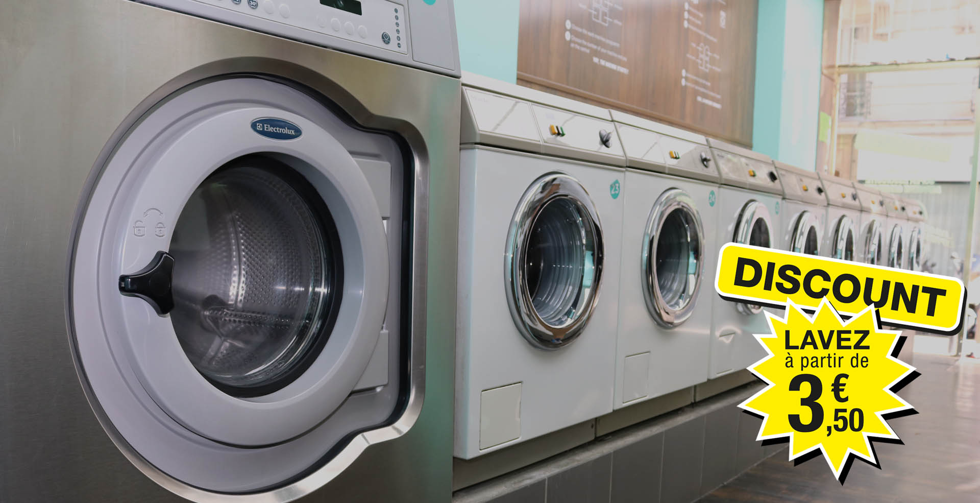 Laverie automatique en libre service rue Davy 75017 Paris, machine 6/7 à 18kg et séchage 12kg lavage et séchage rapide